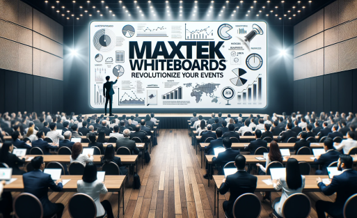DALL·E 2023-10-17 04.32.58 - Wide photo of a bustling conference setting with a Maxtek rolling whiteboard at the center stage. The presenter is engaging with the audience, pointin