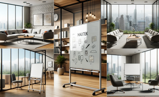 DALL·E 2023-10-18 07.42.36 - Wide photo collage showcasing different Maxtek whiteboards_ a glass whiteboard in a modern home office, a rolling whiteboard in a classroom, and an ea