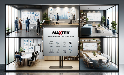 DALL·E 2023-10-18 07.54.12 - Wide image showcasing a collage of different Maxtek whiteboards in various settings_ a modern office with a glass whiteboard, a classroom with a rolli
