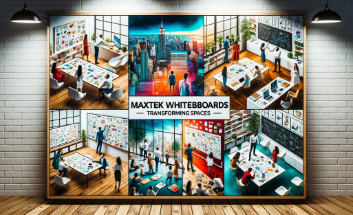 DALL·E 2023-10-18 08.14.19 - Wide photo of a collage featuring Maxtek whiteboards in diverse settings_ office, classroom, and home. Each scene showcases people actively using the
