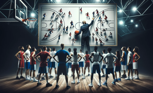 DALL·E 2023-10-18 08.41.00 - Wide image of a dynamic basketball scene with a coach passionately diagramming a play on a large whiteboard. Players of diverse genders and descents a