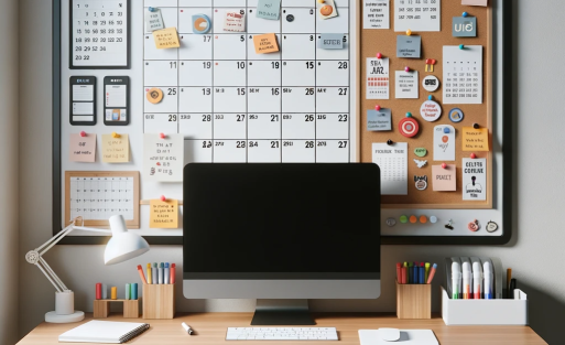 DALL·E 2023-10-18 09.00.27 - Photo of a home office setup featuring a Maxtek magnetic whiteboard on the wall. The whiteboard is filled with a month's calendar, reminders, and magn