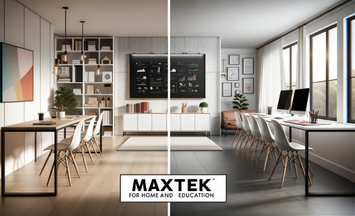 DALL·E 2023-10-18 09.02.07 - Wide image of a sleek home office and a classroom, split in the middle. Both settings showcase Maxtek whiteboards in use. The headline 'Maxtek Whitebo