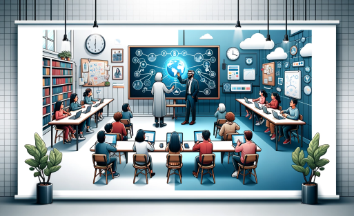 DALL·E 2023-10-18 09.16.53 - Wide banner showcasing a split view_ one side depicts a classroom with a teacher using a Maxtek whiteboard, while the other side shows a remote team m