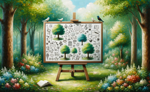 DALL·E 2023-10-24 08.19.57 - Oil painting style depiction of a tranquil outdoor setting, with a whiteboard set up amidst nature. Birds perch on the board's frame, and various dood