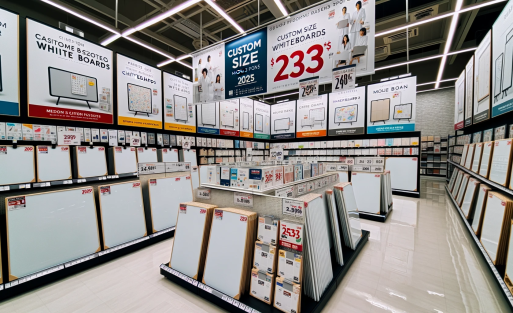 DALL·E 2023-10-24 08.32.35 - Photo of a well-lit store aisle showcasing a variety of custom size whiteboards, with promotional banners highlighting 2023 models and discounts
