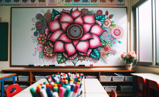 DALL·E 2023-10-25 02.07.57 - Photo of a vibrant whiteboard flower mural in a lively classroom setting. The flower is rich in color and detail, drawing attention and sparking curio