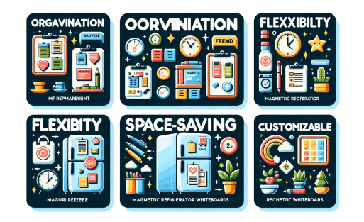DALL·E 2023-10-26 03.28.51 - Vector image of a collage showcasing the benefits of magnetic refrigerator whiteboards. Included are icons for 'Organization', 'Convenience', 'Flexibi