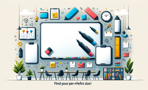 DALL·E 2023-10-26 03.43.13 - Illustration of various whiteboard sizes, from small to large, displayed side by side against a modern office backdrop. Icons of markers, erasers, and