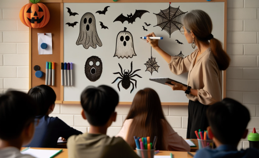 DALL·E 2023-10-26 04.03.37 - Photo of a classroom setting where a teacher is demonstrating how to draw Halloween-themed designs on a whiteboard. The whiteboard displays drawings o