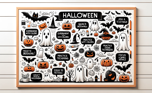 DALL·E 2023-10-27 07.42.34 - Illustration of a well-organized whiteboard filled with Halloween drawing tips. The board showcases quick doodles of various Halloween elements like p
