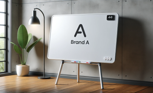 DALL·E 2023-10-29 11.10.57 - Photo of a 4x8 magnetic whiteboard with a subtle _Brand A_ logo at the bottom corner, highlighting its sleek design in a professional environment