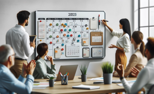 DALL·E 2023-10-30 02.31.48 - Photo of a modern office setting with a focus on a whiteboard. The whiteboard displays a magnetic calendar and planner set, helping users track import