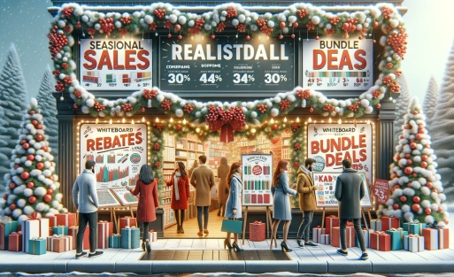 DALL·E 2023-10-30 02.38.01 - Photo of a festive storefront with banners advertising seasonal sales, rebates, and bundle deals for whiteboard ghosting products. Shoppers of various