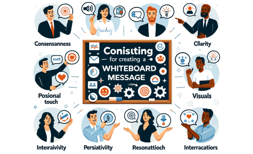 DALL·E 2023-10-31 03.40.47 - Infographic with illustrated tips on creating a whiteboard message. Icons represent conciseness, clarity, positivity, visuals, personal touch, interac