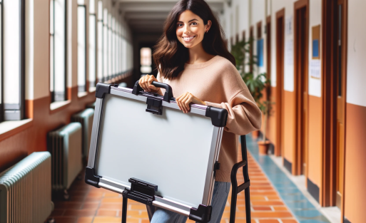 DALL·E 2023-10-31 03.49.25 - Photo_ A female educator of Hispanic descent effortlessly folding an A Frame Whiteboard and wheeling it through a corridor, showcasing its lightweight