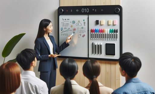DALL·E 2023-10-31 05.21.59 - Photo of a sleek modern whiteboard slider mounted on a wall in a well-lit room. The whiteboard displays colorful markers, erasers, and some written co