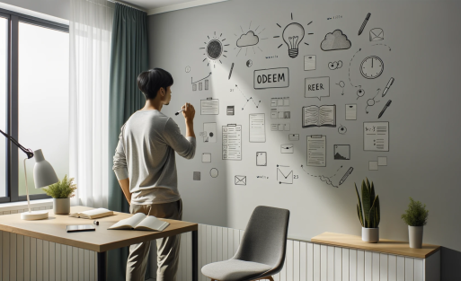 DALL·E 2023-11-01 07.58.49 - Photo of a modern home office with a whiteboard wall sticker applied on one of the walls. The sticker is made of self-adhesive vinyl and transforms th