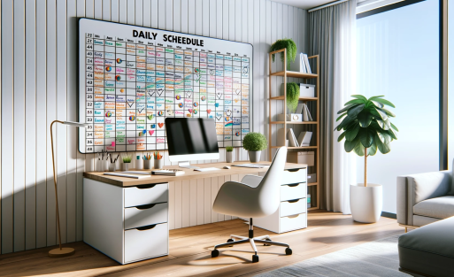 DALL·E 2023-11-02 04.57.58 - A wide-angle photo of a modern, bright home office with a large daily schedule whiteboard as the focal point. The whiteboard is meticulously organized
