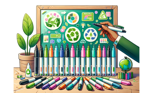 DALL·E 2023-11-02 05.06.30 - Illustration of eco-friendly glass whiteboard markers with refillable options, non-toxic formulas, and sustainable packaging. The scene includes a ran