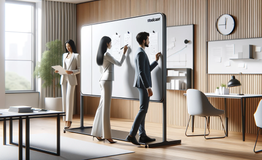 DALL·E 2023-11-03 04.23.47 - Illustration of a minimalist and sleek Steelcase Whiteboard design in a modern office environment. The whiteboard has a slim frame with a clean, white