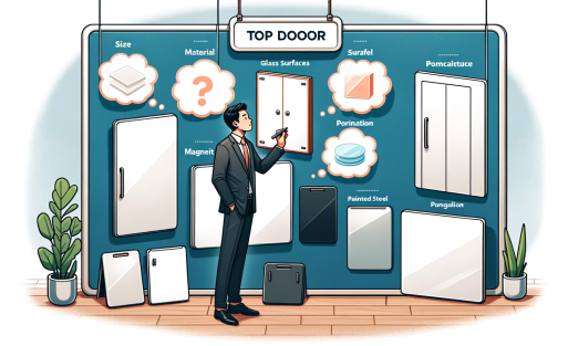 DALL·E 2023-11-03 04.49.47 - Illustration of a person standing in a professional setting, evaluating a top door whiteboard of various sizes displayed in a store. The whiteboards a