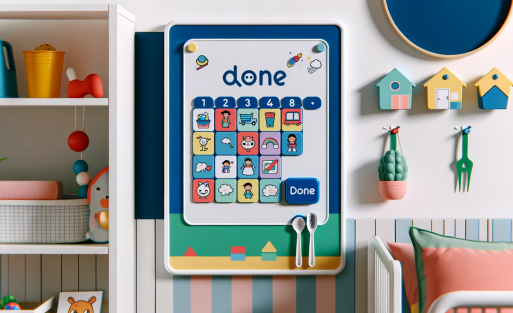 DALL·E 2023-11-03 04.55.40 - Illustration of an interactive whiteboard chore chart designed for children, featuring a playful design with magnetic strips representing various hous