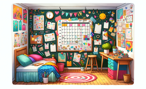 DALL·E 2023-11-03 05.08.35 - Illustration of a bedroom with vibrant decor, showcasing a wall-sized whiteboard covered in colorful drawings, notes, and a customized whiteboard cale