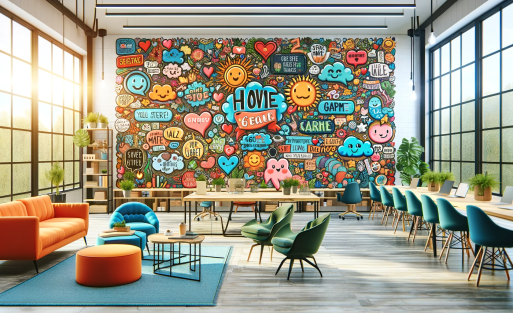 DALL·E 2023-11-07 23.16.32 - A vibrant and colorful illustration of a modern office space with a large whiteboard filled with various cute and inspirational quotes in different ha